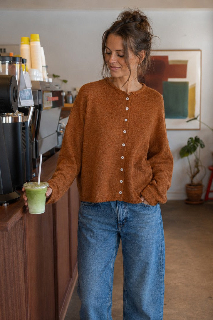 Things Between Piper Cardigan in Rust styled for a casual café outfit