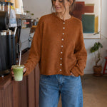 Things Between Piper Cardigan in Rust styled for a casual café outfit
