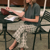Trudy Plaid Ruffle-Hem Wide-Leg Pants – Grey