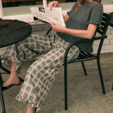 Trudy Plaid Ruffle-Hem Wide-Leg Pants – Grey