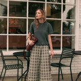 Trudy Plaid Ruffle-Hem Wide-Leg Pants – Grey