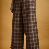 Trudy Plaid Ruffle-Hem Wide-Leg Pants – Chocolate