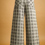 Trudy Plaid Ruffle-Hem Wide-Leg Pants – Grey