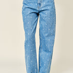 Front view of Truro High Rise Barrel Jeans in Denim Polka Dot with a relaxed barrel-leg fit