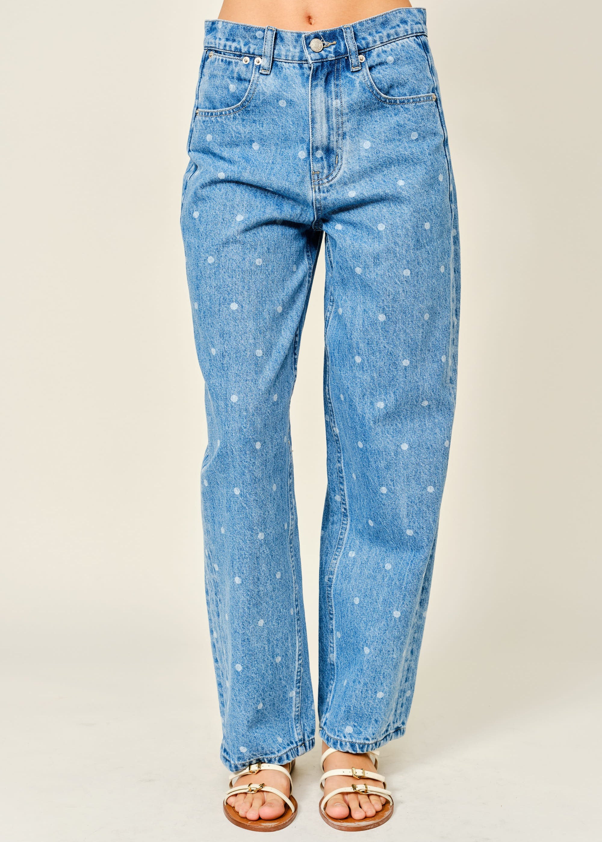Front view of Truro High Rise Barrel Jeans in Denim Polka Dot with a relaxed barrel-leg fit