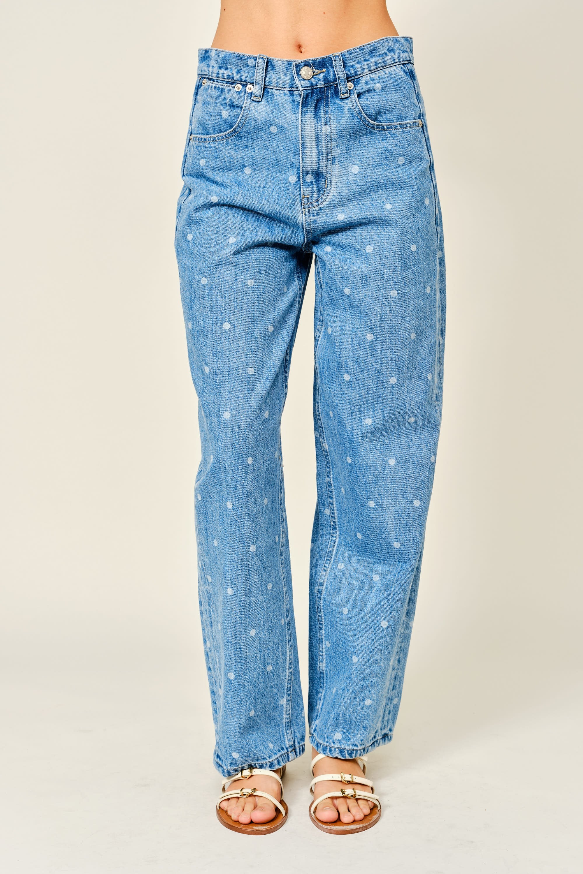 Front view of Truro High Rise Barrel Jeans in Denim Polka Dot with a relaxed barrel-leg fit