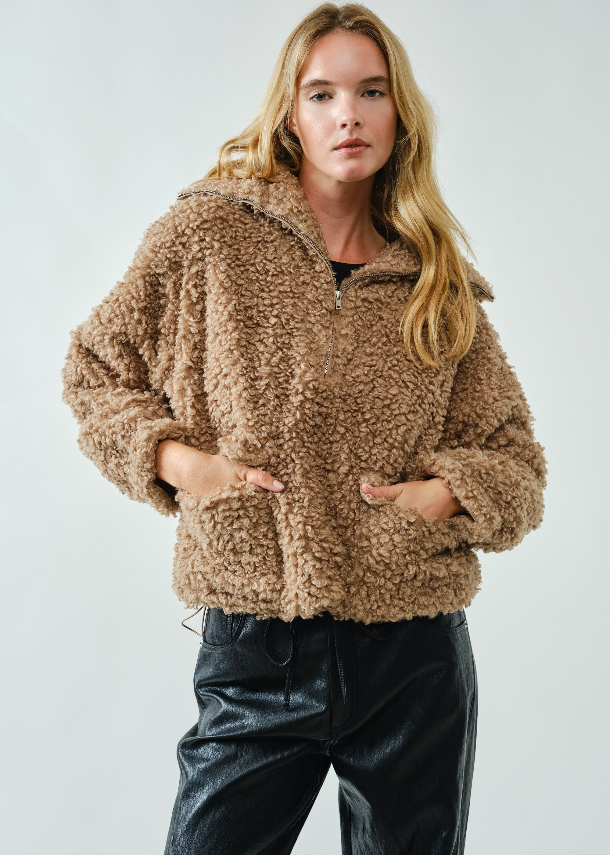 Ultra soft half zip teddy jacket in taupe with oversized fit and high collar