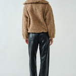 Back view of ultra soft half zip teddy jacket in taupe with relaxed silhouette