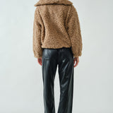 Back view of ultra soft half zip teddy jacket in taupe with relaxed silhouette