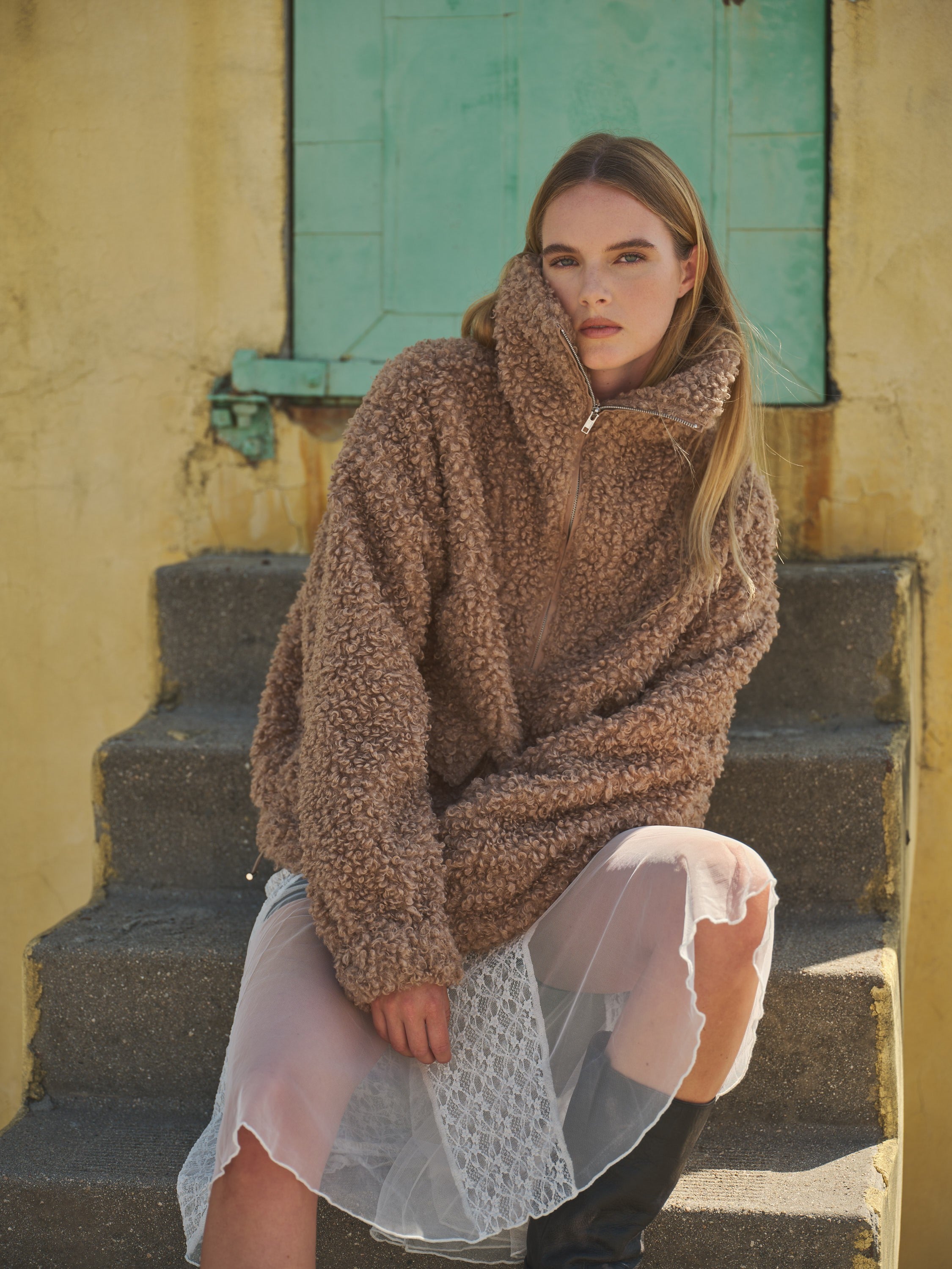 Ultra soft half zip teddy jacket in taupe styled for cozy everyday wear