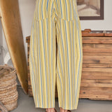Back view of Venus Stripe Barrel Jeans in Yellow featuring vertical multi-color stripes, back pockets, and tapered barrel-leg silhouette.