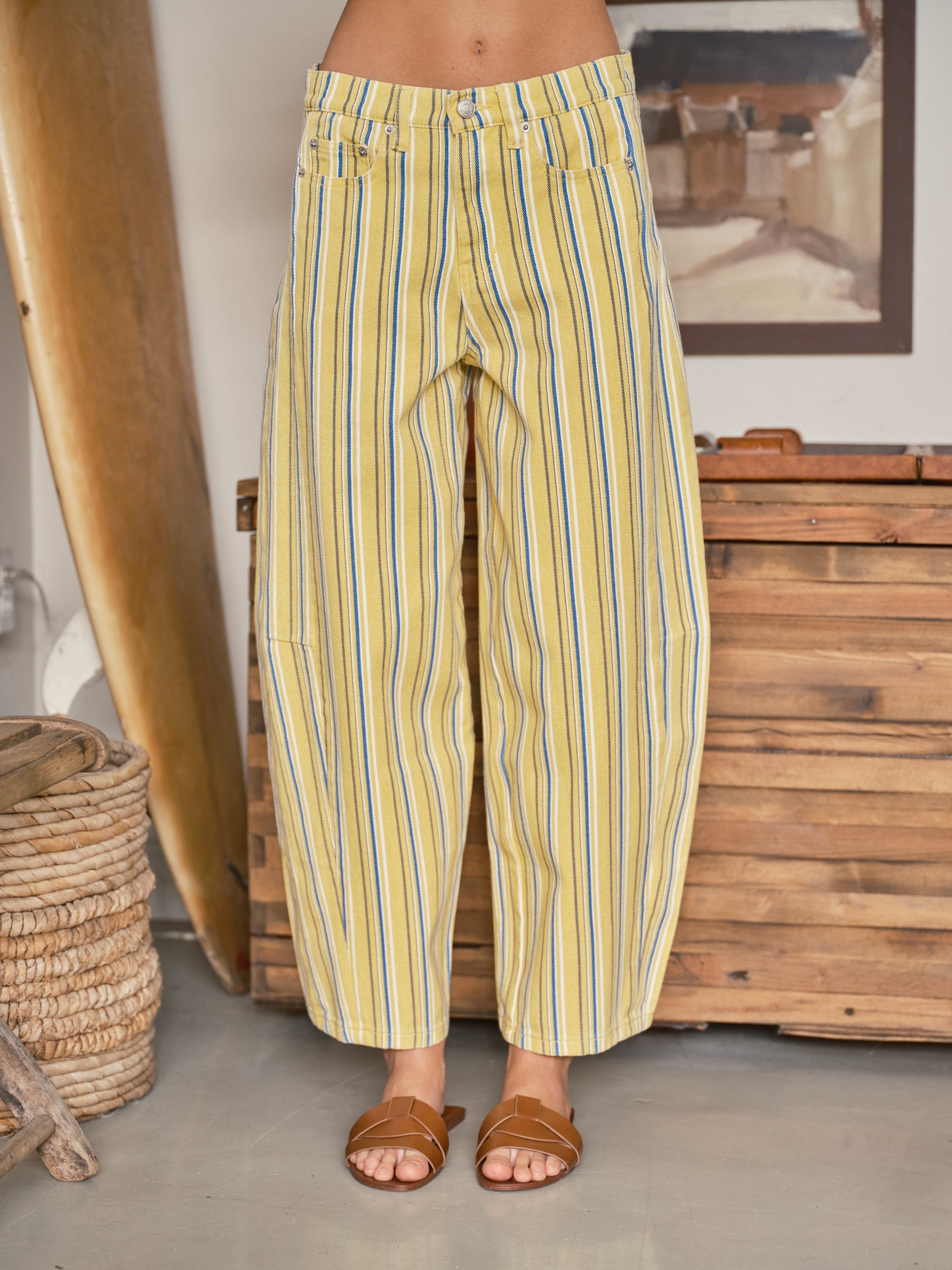Front view of Venus Stripe Barrel Jeans in Yellow with blue and white vertical stripes, high-rise waist, and relaxed barrel-leg fit.