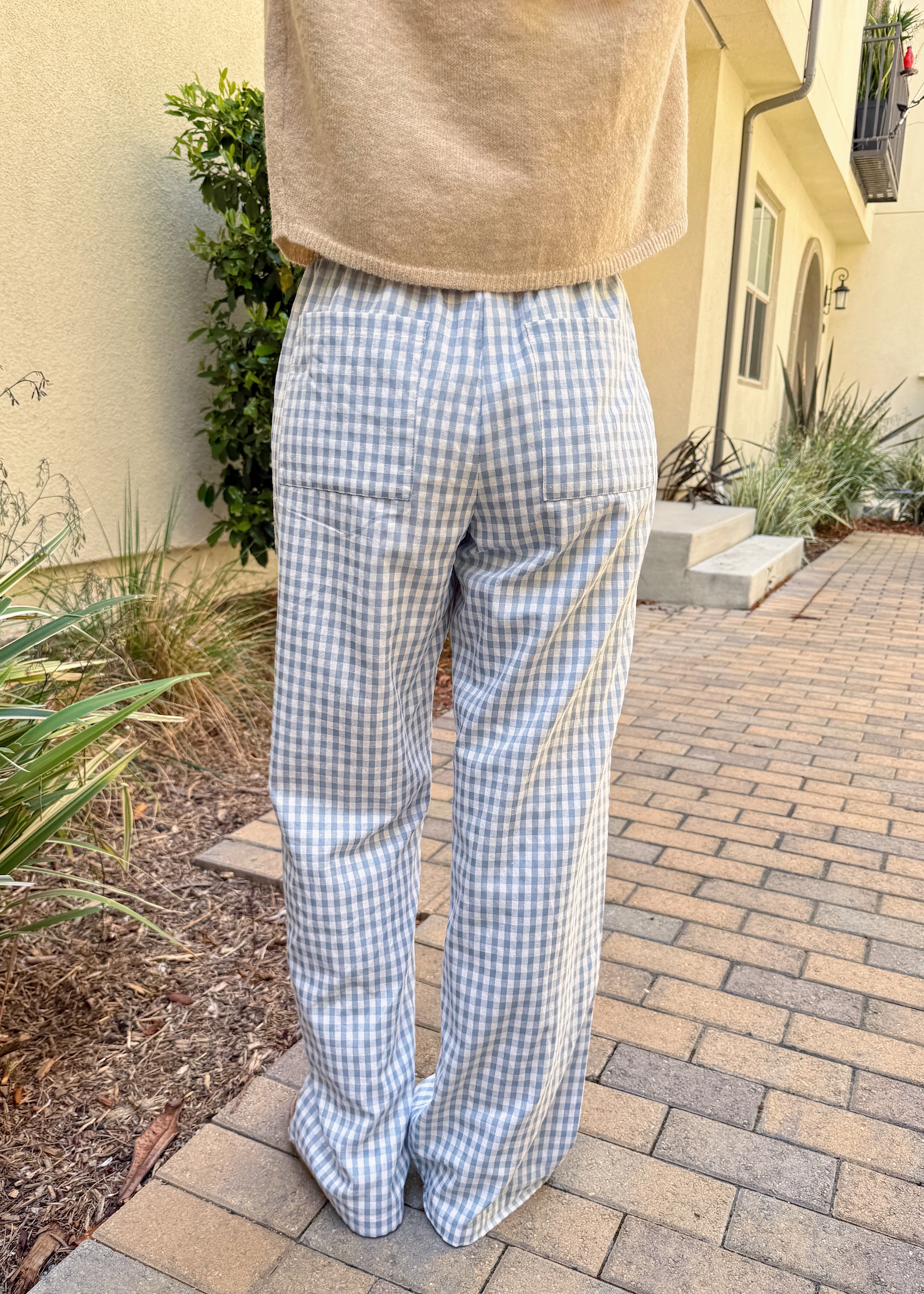 Back view of Wanderlust gingham boxer pants in blue with relaxed leg fit
