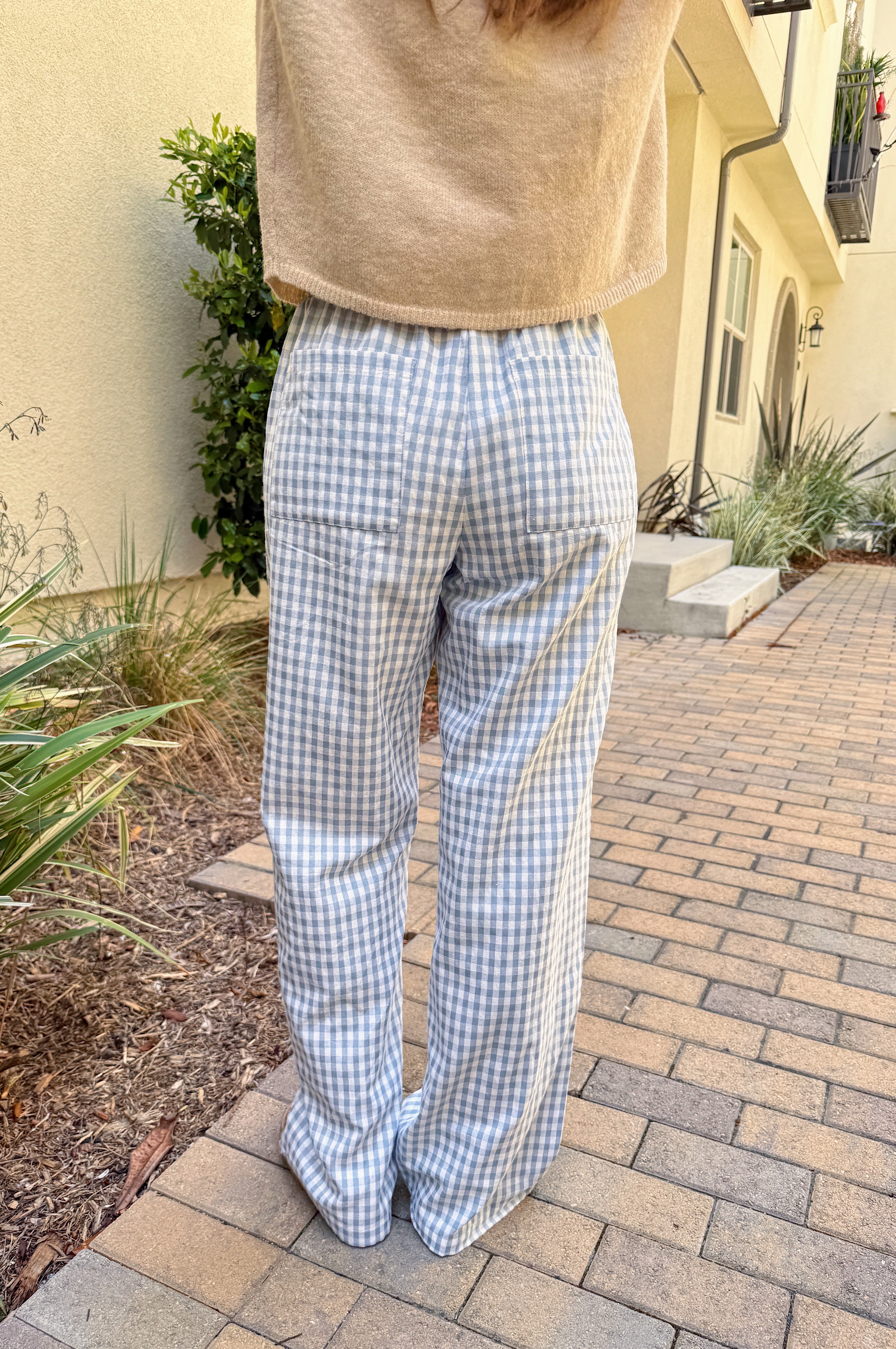 Back view of Wanderlust gingham boxer pants in blue with relaxed leg fit