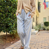 Wanderlust gingham boxer pants in blue with elastic waistband and relaxed fit