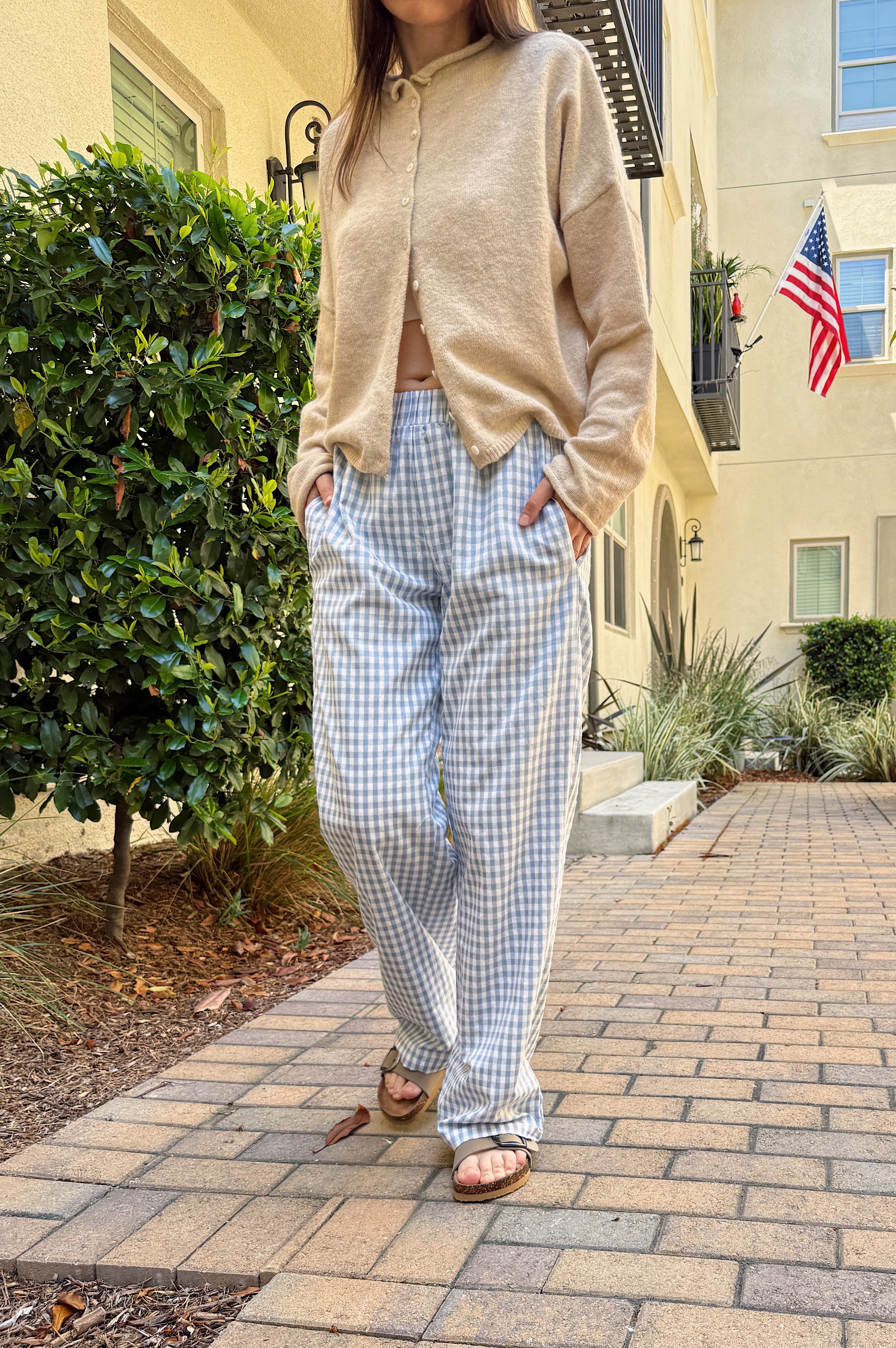 Wanderlust gingham boxer pants in blue with elastic waistband and relaxed fit