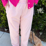 Wanderlust gingham boxer pants in pink with elastic waistband and relaxed fit - front view