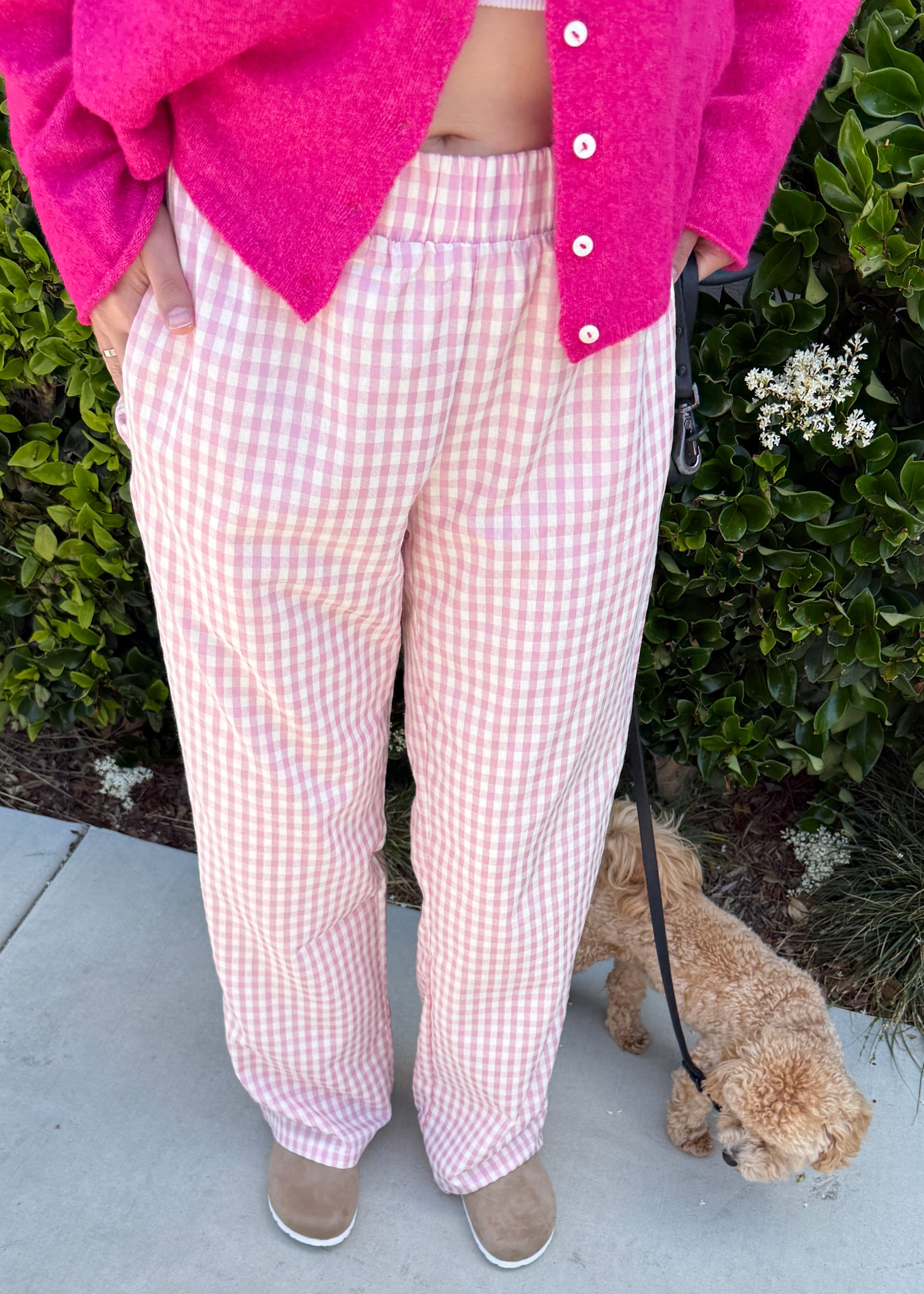 Wanderlust gingham boxer pants in pink with elastic waistband and relaxed fit - front view