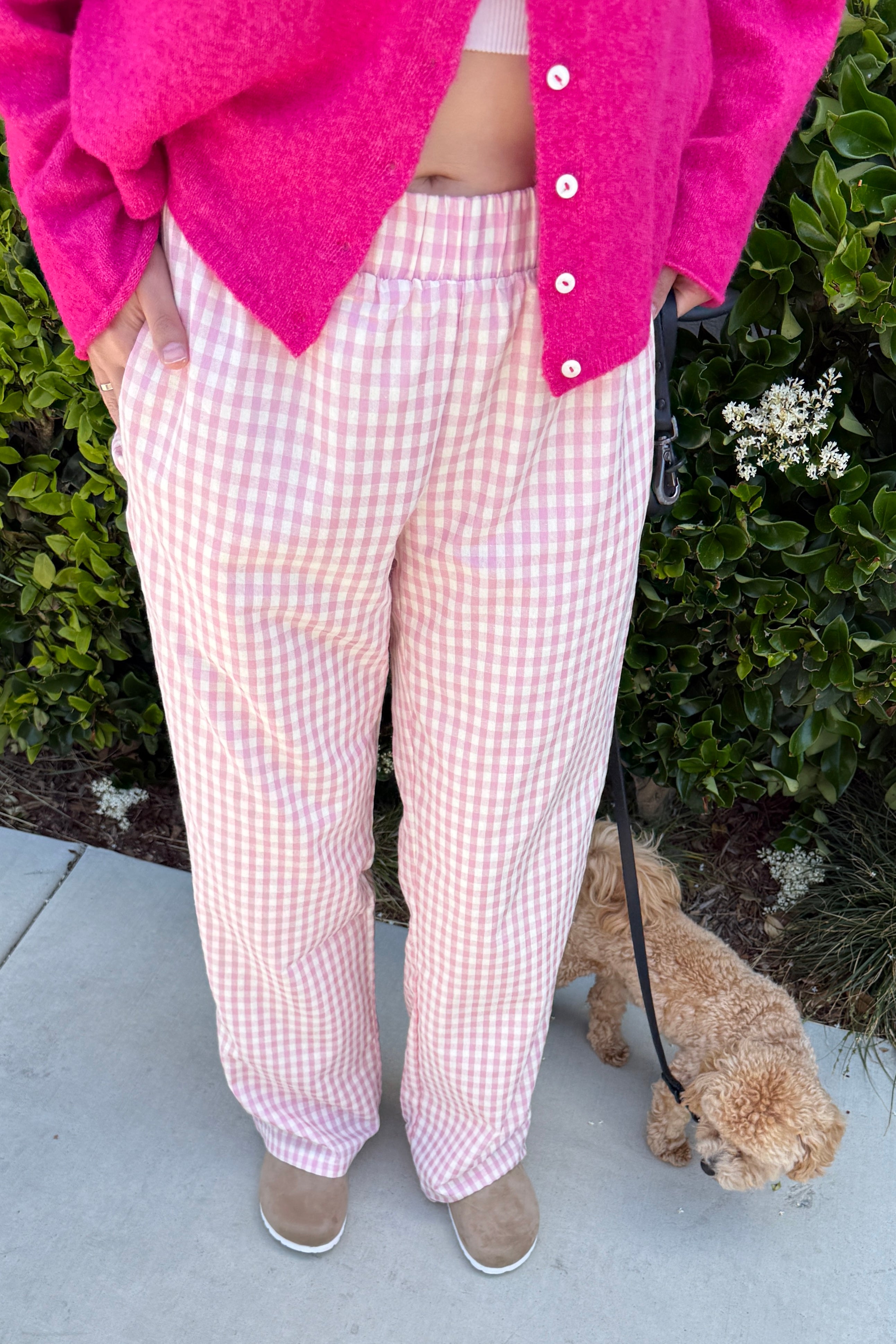 Wanderlust gingham boxer pants in pink with elastic waistband and relaxed fit - front view