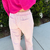 Wanderlust gingham boxer pants in pink with elastic waistband and relaxed fit - back