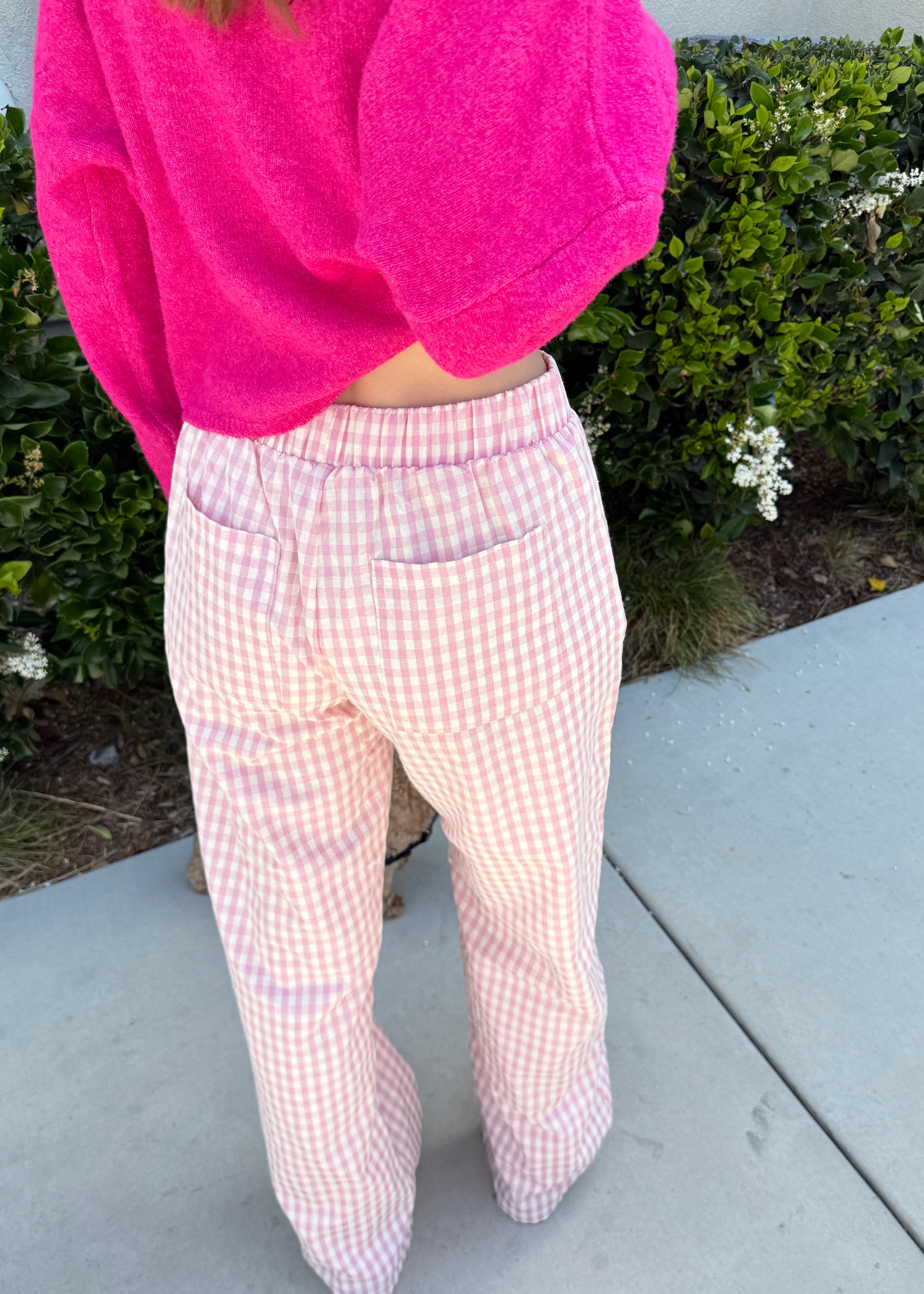 Wanderlust gingham boxer pants in pink with elastic waistband and relaxed fit - back