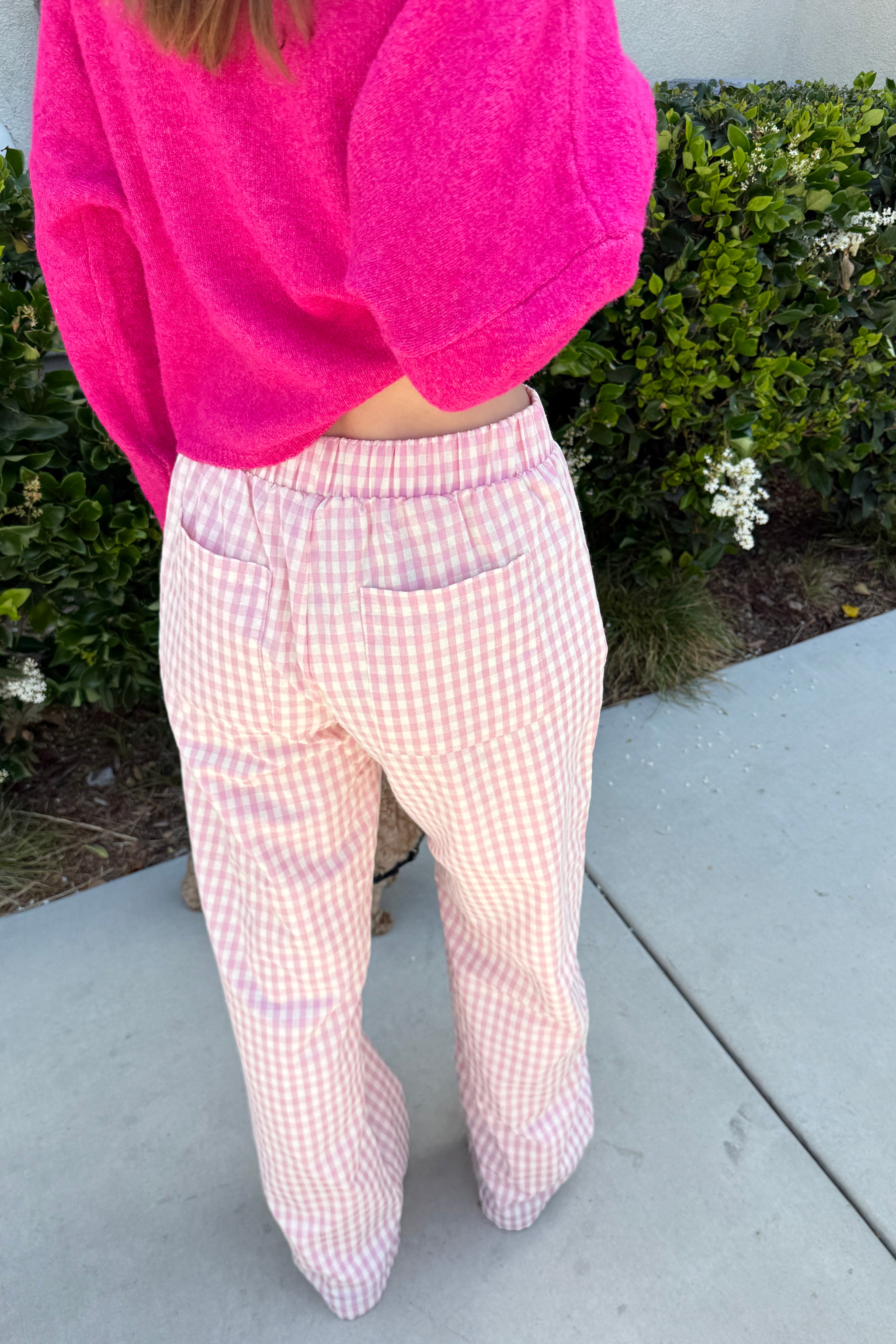 Wanderlust gingham boxer pants in pink with elastic waistband and relaxed fit - back