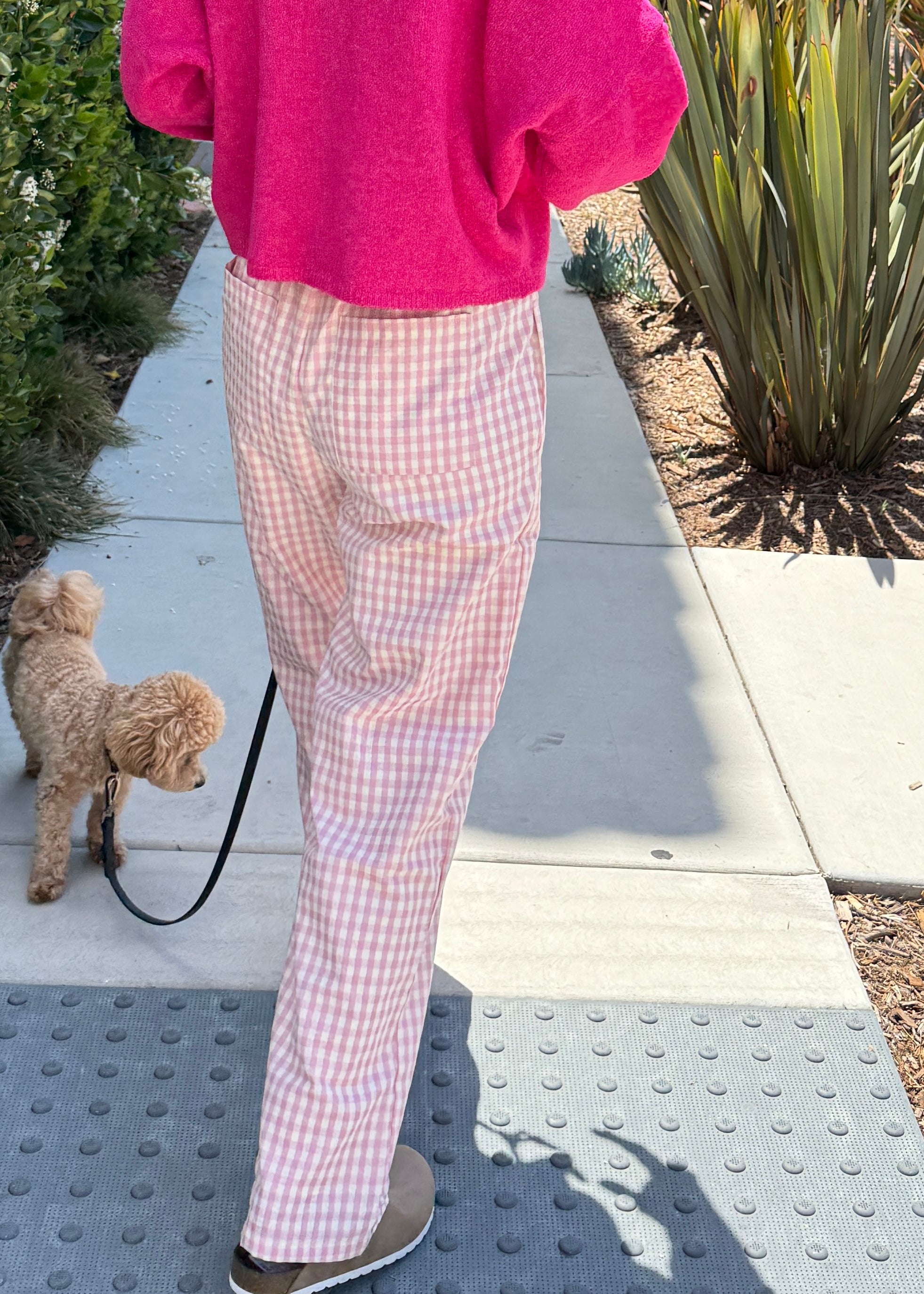 Wanderlust gingham boxer pants in pink with elastic waistband and relaxed fit - back view