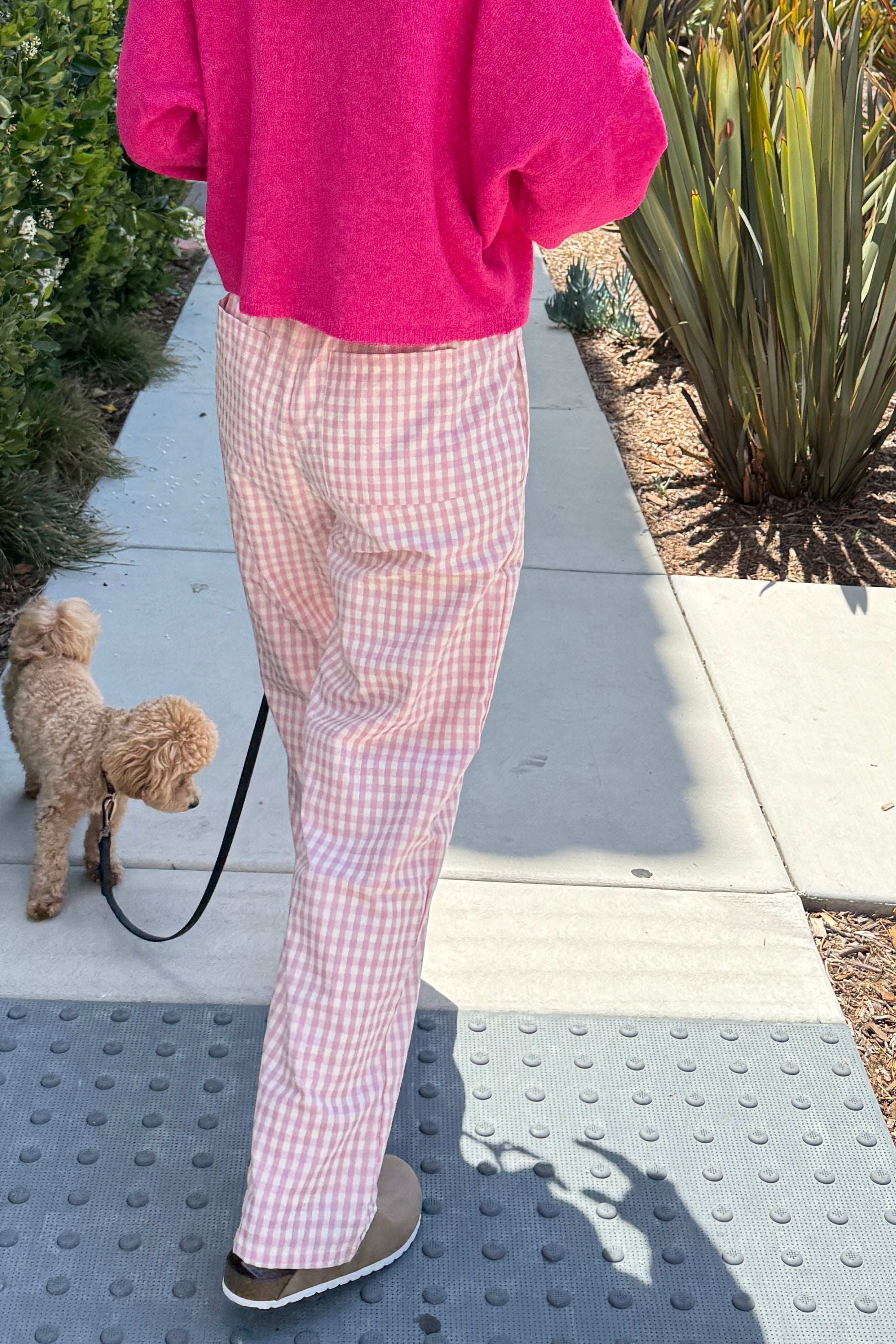 Wanderlust gingham boxer pants in pink with elastic waistband and relaxed fit - back view