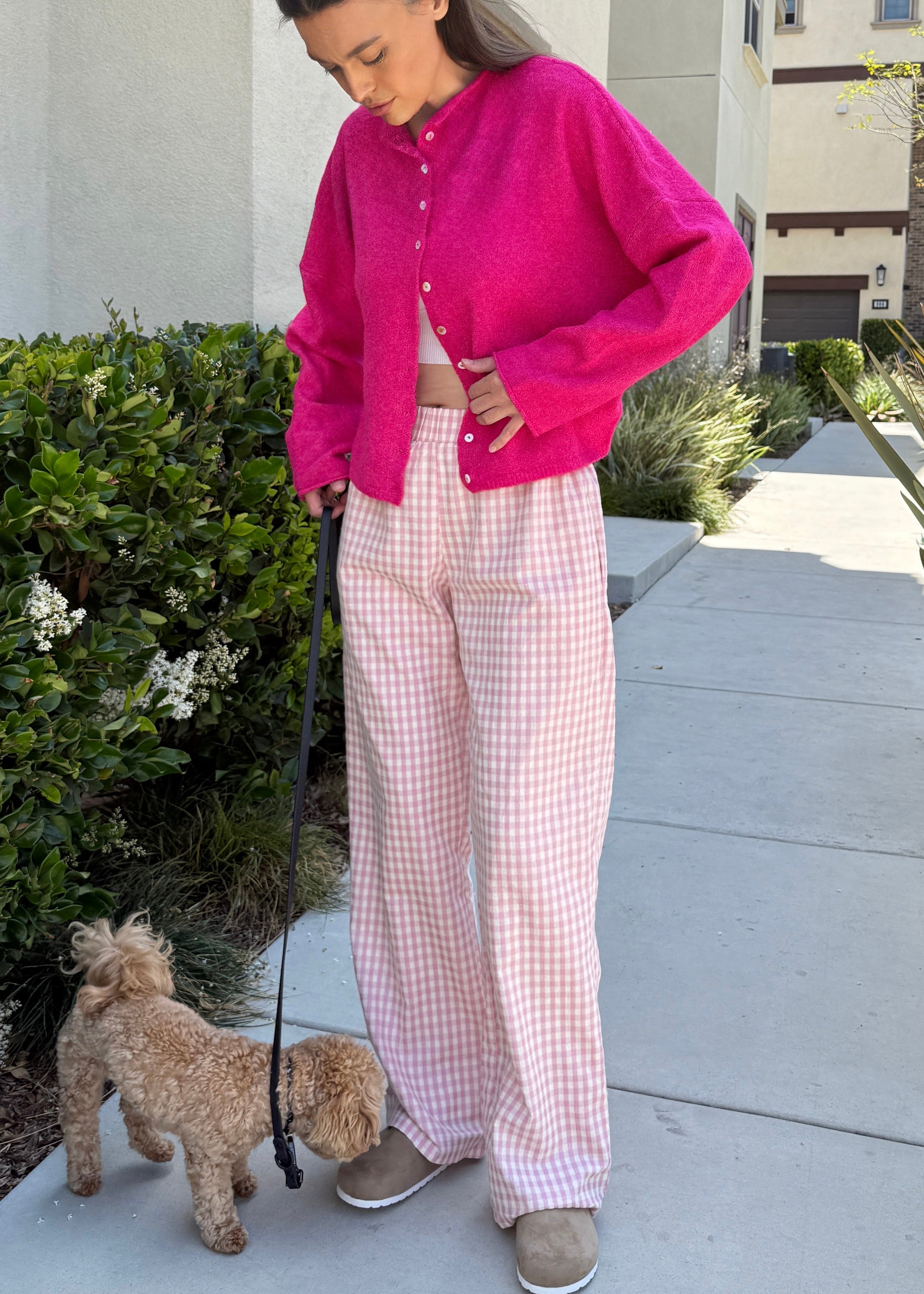 Wanderlust gingham boxer pants in pink with elastic waistband and relaxed fit