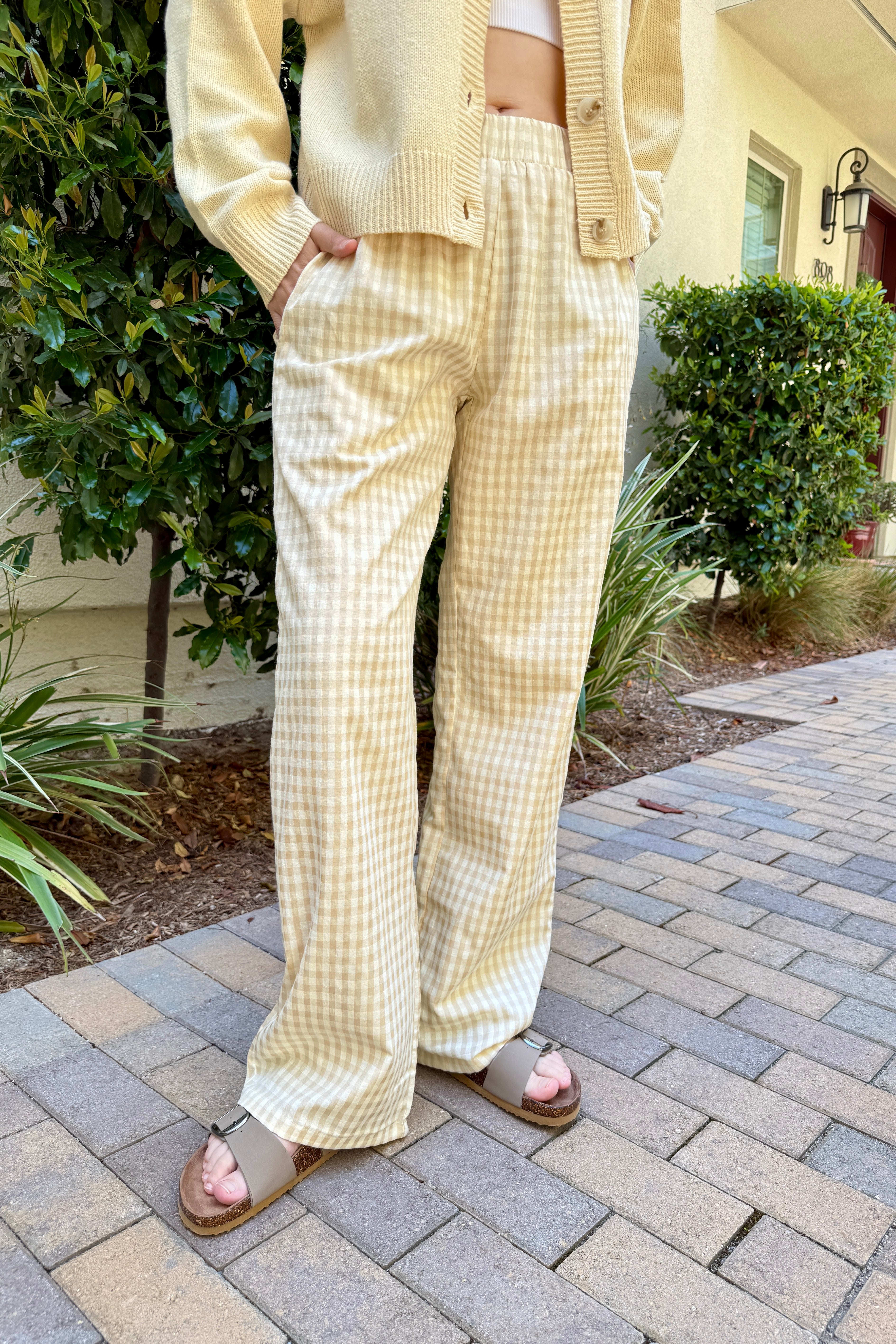 Front view of Wanderlust yellow (oatmeal) gingham boxer pants with wide-leg fit