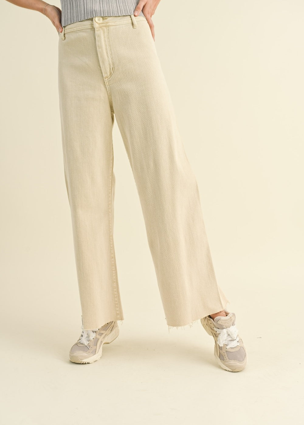 Wild Honey straight wide leg denim pants in beige with high-rise fit - front view