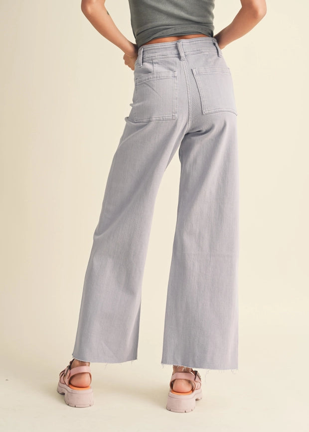 Back view of Wild Honey straight wide leg denim pants in frost lavender