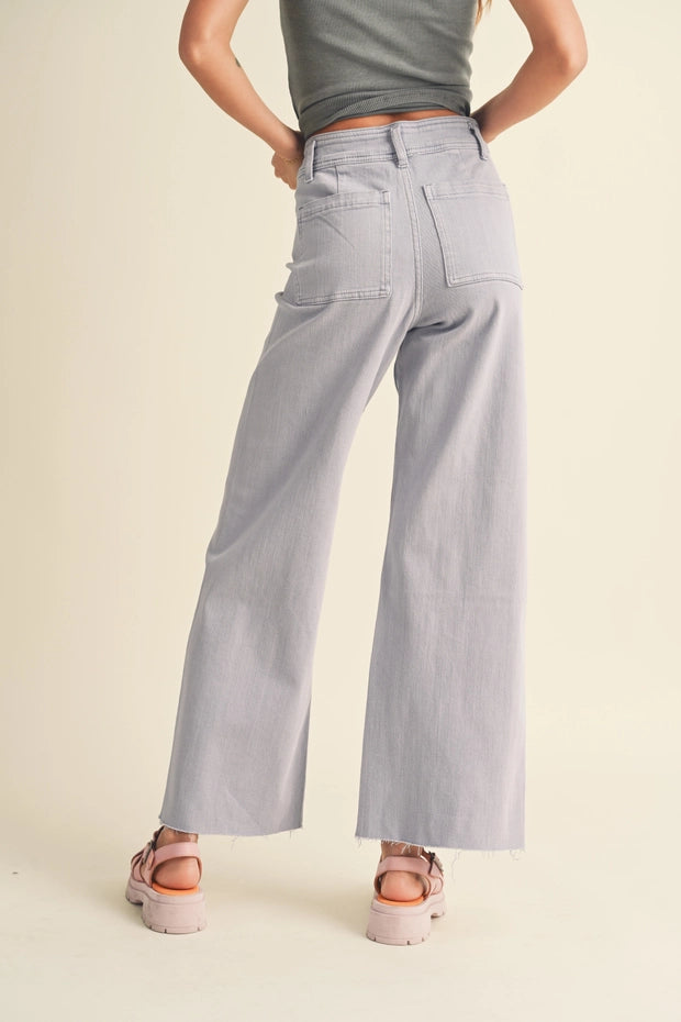Back view of Wild Honey straight wide leg denim pants in frost lavender