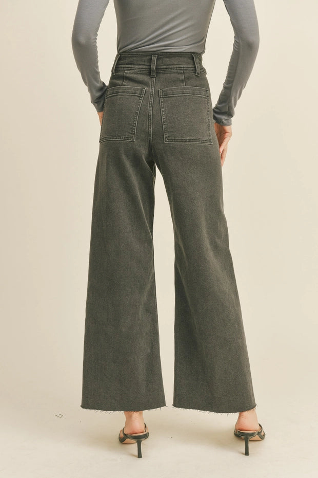 Back view of Wild Honey straight wide leg denim pants with raw hem