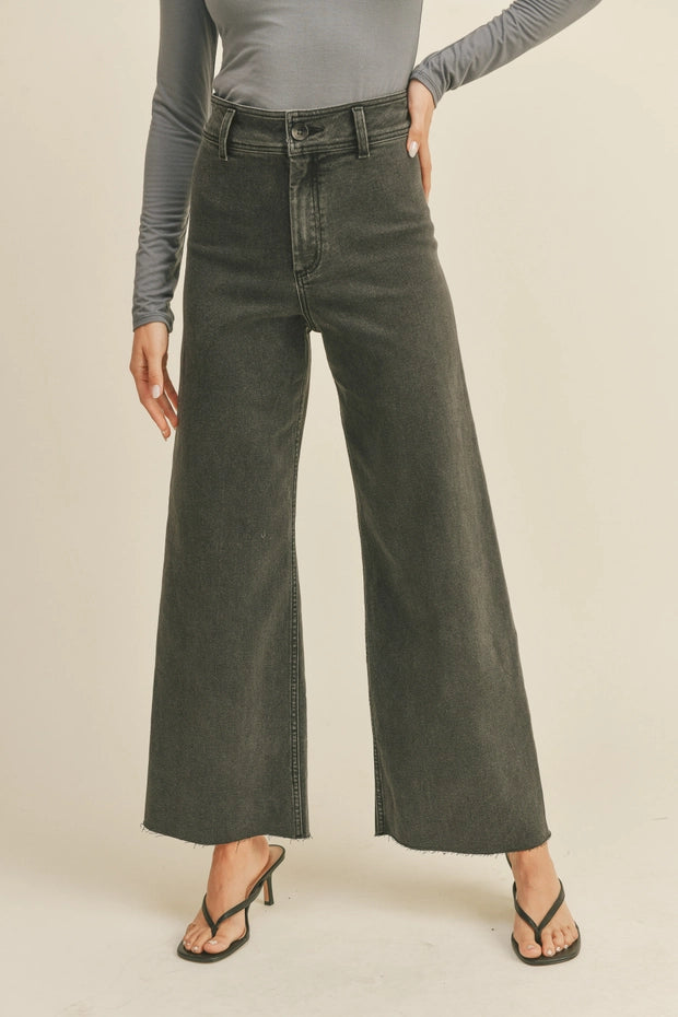 Front view of Wild Honey straight wide leg denim pants in washed black