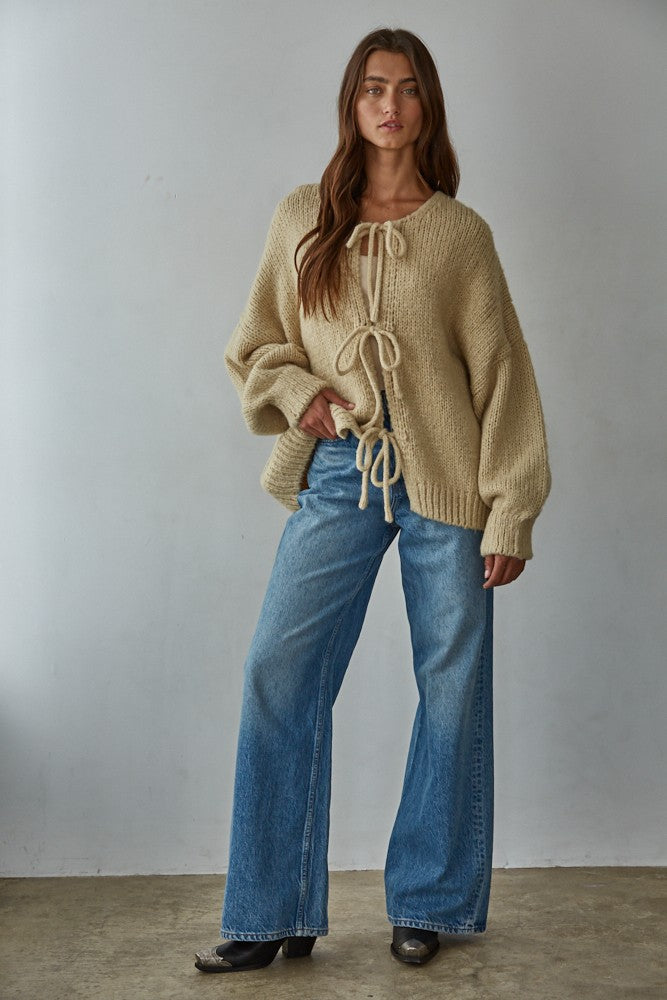 Full outfit view of the Willow Boho Tie Cardigan (Sadie Tie Front Cardigan) in light taupe — relaxed oversized fit with long sleeves.