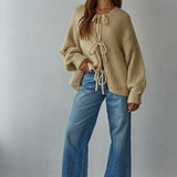 Full outfit view of the Willow Boho Tie Cardigan (Sadie Tie Front Cardigan) in light taupe — relaxed oversized fit with long sleeves.