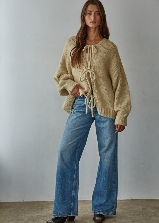 Full outfit view of the Willow Boho Tie Cardigan (Sadie Tie Front Cardigan) in light taupe — relaxed oversized fit with long sleeves.