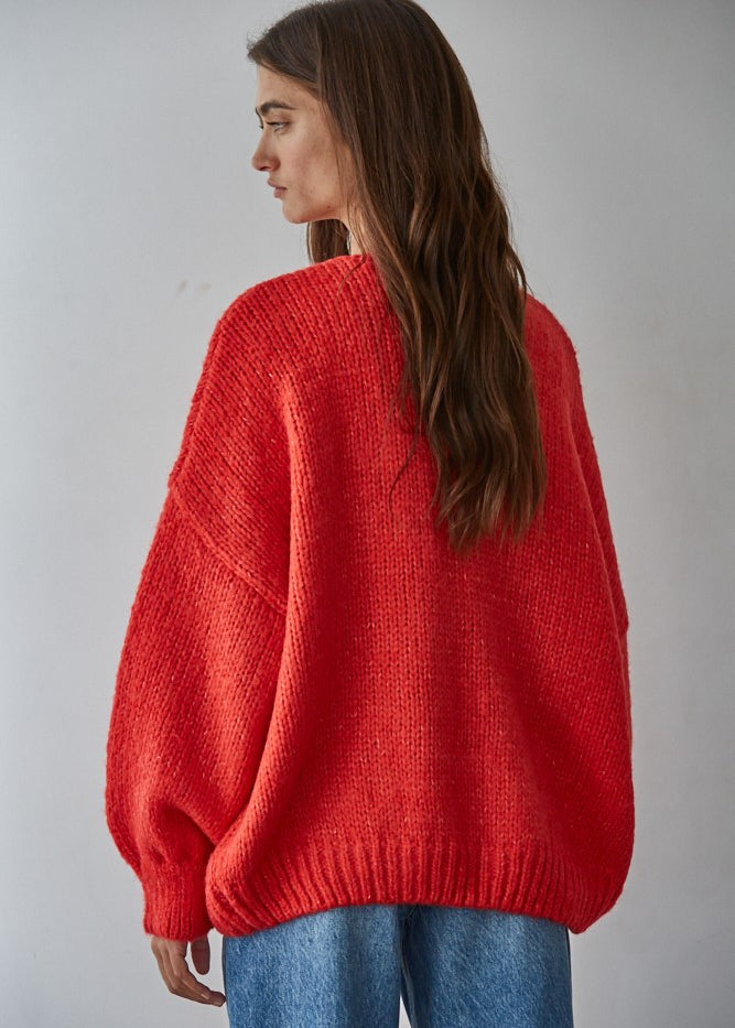 Back of the Willow Boho Tie Cardigan (Sadie Tie Front Cardigan) in red — cozy knit fabric with a loose, draped silhouette